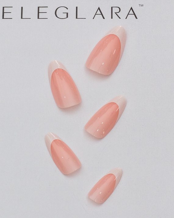 The main photo of eleglara typical french tips press on nails item 0142. Almond shape, naked main color with white tips. Medium size.