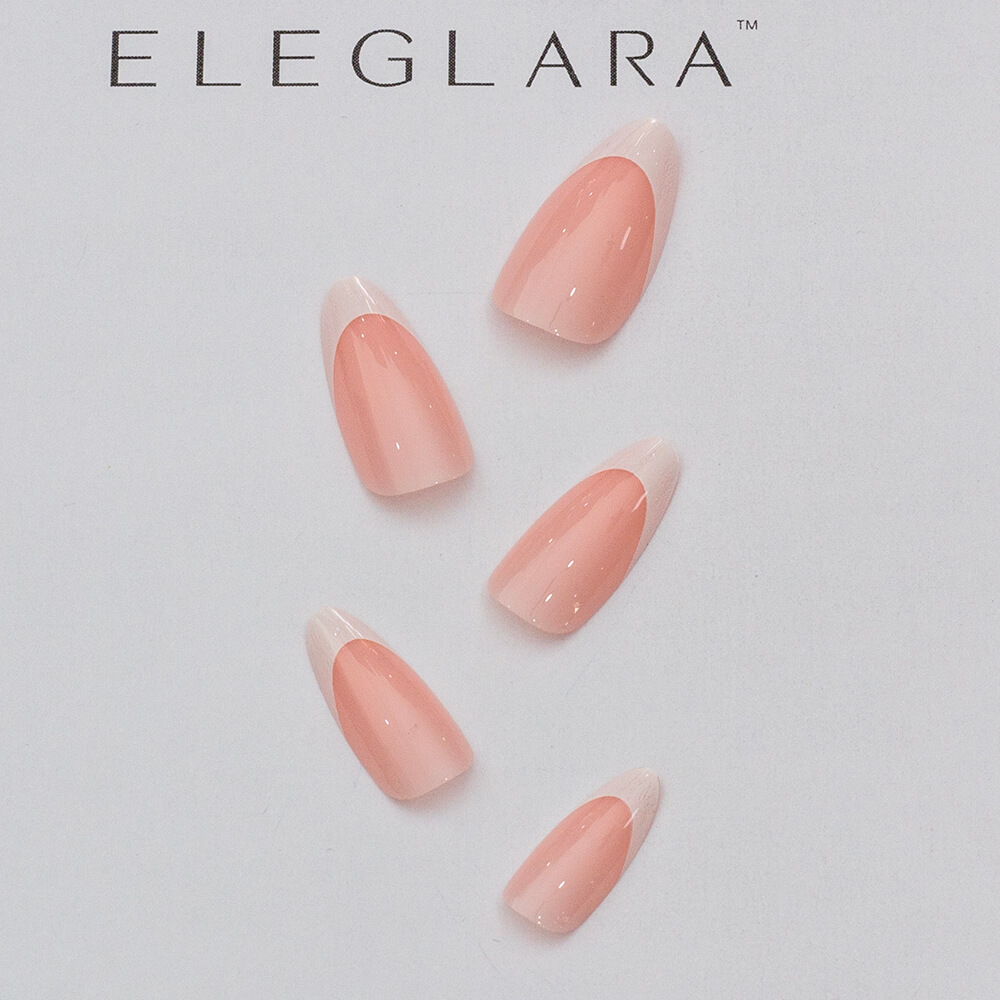 The main photo of eleglara typical french tips press on nails item 0142. Almond shape, naked main color with white tips. Medium size.