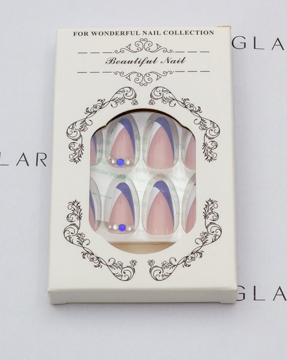 The package photo of eleglara naked color with white/blue tips almond shape press on nails