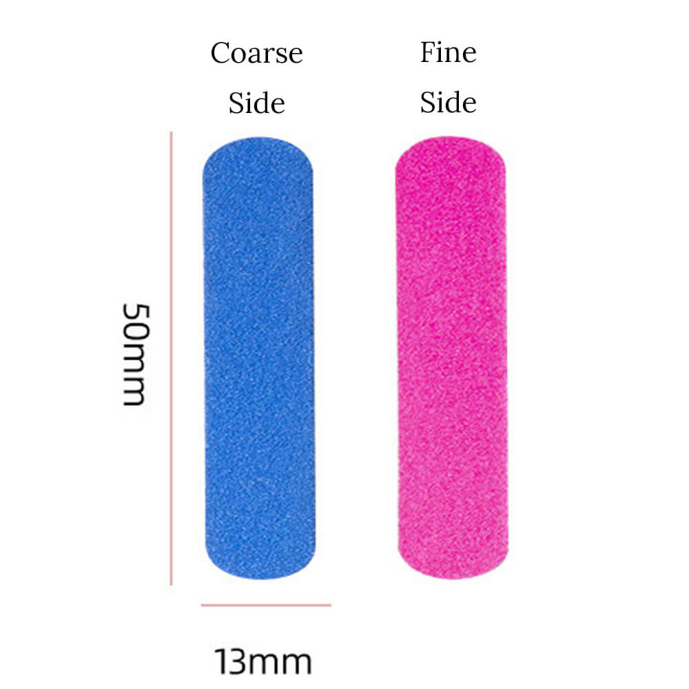 There are two side of a short nail file in front of a white background. On the left is the blue side, it's the coarse side, and the pink side is the fine side. There are words indicating the length/width of the nail file and the sides of the nail file.