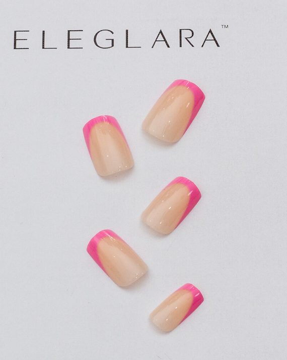 Five press-on nails with a natural nude base and vibrant pink French tips arranged artistically on a white background with the Eglara Beauty logo.
