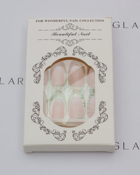 Boxed set of nude pink ombré press-on nails with jelly glue, labeled 'Beautiful Nail' and displayed on Eleglara packaging