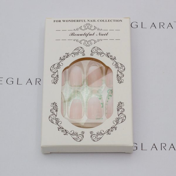Boxed set of nude pink ombré press-on nails with jelly glue, labeled 'Beautiful Nail' and displayed on Eleglara packaging