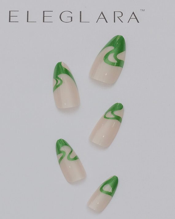 Close-up of five medium almond press-on nails with a nude base and abstract green swirl designs, arranged neatly on a white background with the Eleglara Beauty logo, showcasing a glossy, boho-inspired gradient pattern for a chic, artistic look.