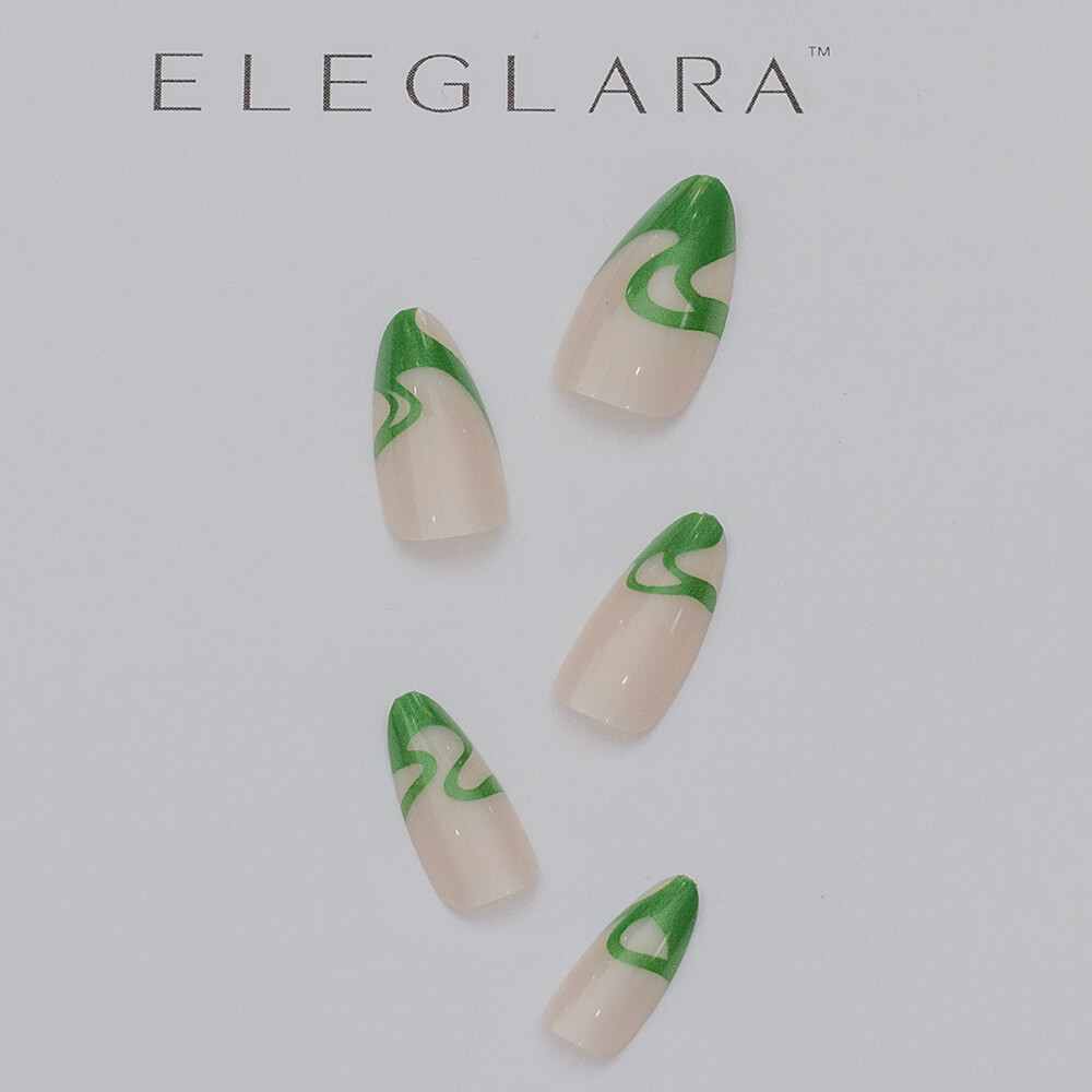 Close-up of five medium almond press-on nails with a nude base and abstract green swirl designs, arranged neatly on a white background with the Eleglara Beauty logo, showcasing a glossy, boho-inspired gradient pattern for a chic, artistic look.