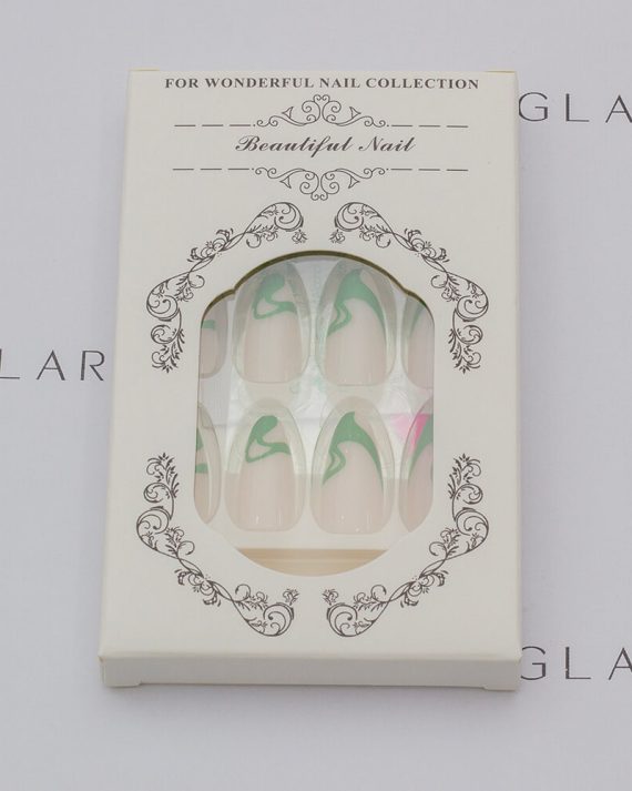 Eleglara Beauty packaging for abstract green swirl medium almond press-on nails, featuring a sleek white box with ornate detailing, displaying the 24-piece nail set and included accessories like Jelly Gel tabs, nail file, and alcohol prep pad, arranged against a clean white backdrop.