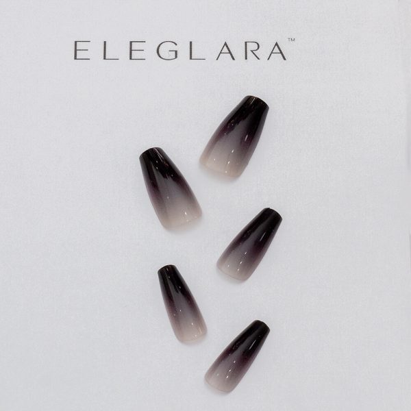 Close-up of five medium coffin press-on nails with gradient black ombre design fading from dark tip to nude base, arranged on a white background with the Eleglara Beauty logo, glossy finish highlighting the tapered shape for a chic, minimalist look.