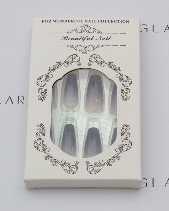 Eleglara Beauty packaging for gradient black ombre medium coffin press-on nails, elegant white box with gold ornate borders and "Beautiful Nail" script, revealing the 24-nail set with Jelly Gel tabs, alcohol prep pad, and nail file inside against a pristine white backdrop.