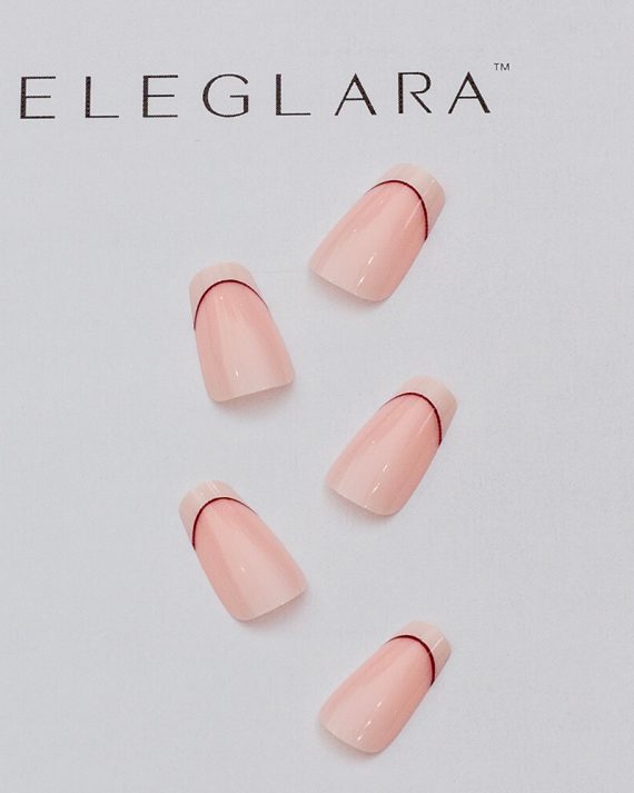 Five medium almond press-on nails with pink base, white french tips, and thin red accent lines, arranged gracefully on a white background with the Eleglara Beauty logo, glossy finish emphasizing the cute, romantic design.