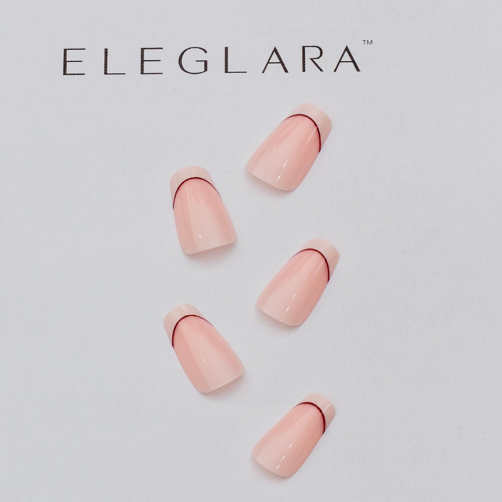 Five medium almond press-on nails with pink base, white french tips, and thin red accent lines, arranged gracefully on a white background with the Eleglara Beauty logo, glossy finish emphasizing the cute, romantic design.