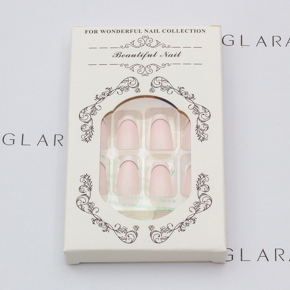 Eleglara Beauty packaging for pink french tip medium almond press-on nails with red accent, white box with ornate brown detailing labeled "Beautiful Nail," displaying the nail set inside against a clean white backdrop for an elegant unboxing view.
