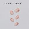 Five short almond press-on nails with blush pink floral accents on a soft nude base, arranged elegantly on a white background with the Eleglara Beauty logo, glossy finish showcasing the delicate, romantic petal designs.
