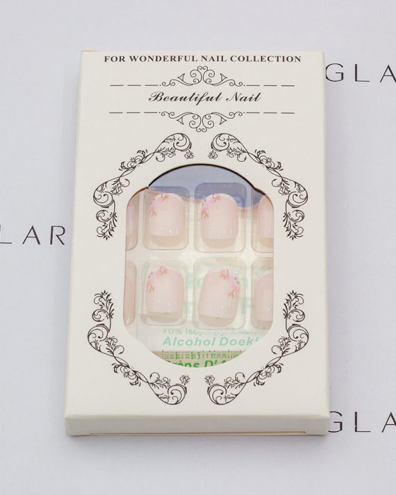 Eleglara Beauty packaging for blush pink floral short almond press-on nails, ornate white box labeled "Beautiful Nail" with floral motifs, revealing the 24-nail set, Jelly Gel tabs, alcohol prep pad, and nail file inside against a pristine white backdrop.