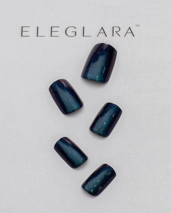 Five medium square press-on nails in deep blue with iridescent glitter flecks, arranged dynamically on a white background with the Eleglara Beauty logo, glossy surface capturing the glamorous, starry sparkle for a chic, vintage-inspired look.