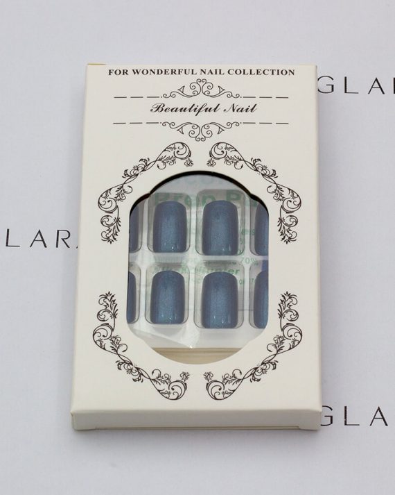 Eleglara Beauty packaging for deep blue glitter medium square press-on nails, white box with ornate gold borders and "Beautiful Nail" label, showcasing the 24-nail set in trays with Jelly Gel tabs, alcohol prep pad, and nail file inside against a clean white backdrop.