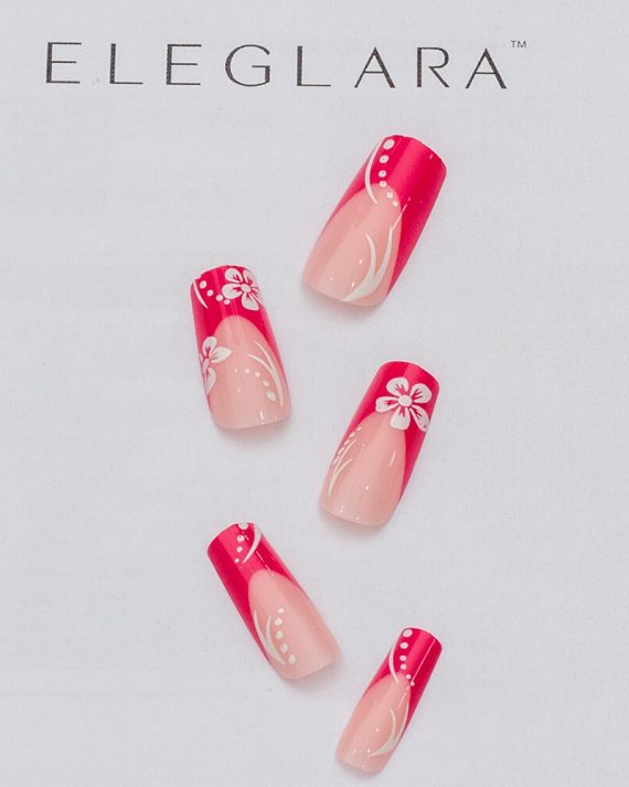 Five medium long stiletto press-on nails with pink hibiscus floral designs on a nude base, featuring white petals and pink blooms at the tips, arranged on a white background with the Eleglara Beauty logo, glossy finish highlighting the romantic, tropical elegance.