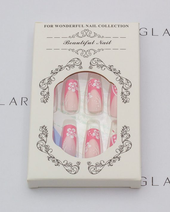 Eleglara Beauty packaging for pink hibiscus floral medium stiletto press-on nails, white box with ornate floral borders and "Beautiful Nail" label, displaying the 24-nail set in trays with Jelly Gel tabs, alcohol prep pad, and nail file inside against a clean white backdrop.