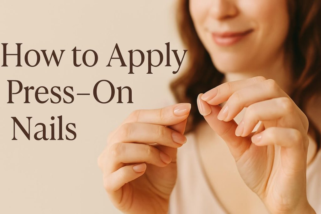 featured image of the ariticle how to apply press-on nails. A woman showing her hands with a press-on nail. On the left, it's the article title.