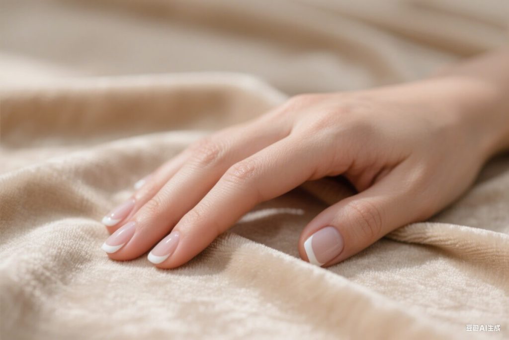 A woman's hand with French Tip Nails, on a warm cloth surface. It's a featue image of eleglara.com blog feature image