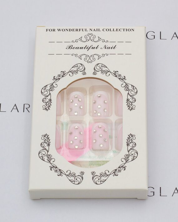 Eleglara Beauty packaging for cute pink french tip short square press on nails with gold rhinestones, white box labeled "FOR WONDERFUL NAIL COLLECTION" "Beautiful Nail" with ornate designs, showing the nail set in trays with pink backing against a clean white backdrop.