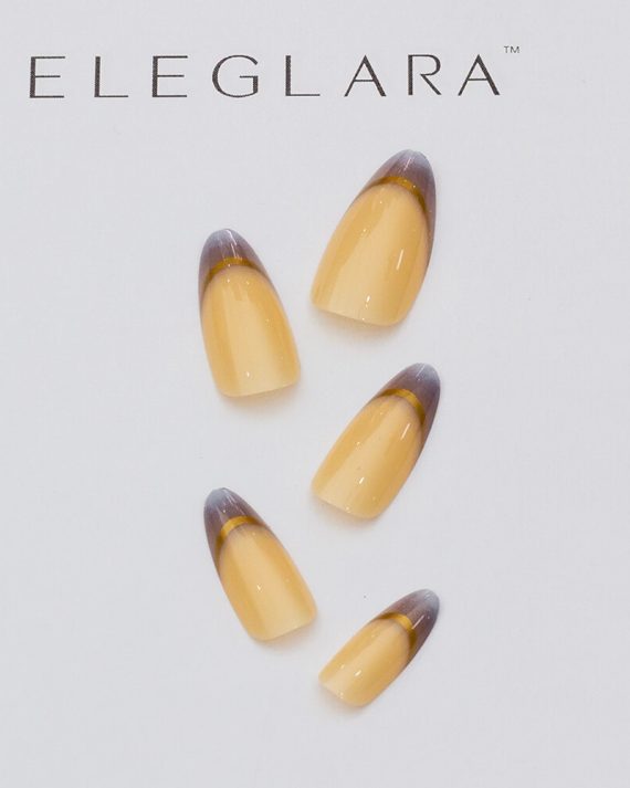Five medium almond press-on nails with brown gradient from dark tip to light beige base, arranged on a white background with the Eleglara logo, glossy finish showcasing the earthy, boho design.