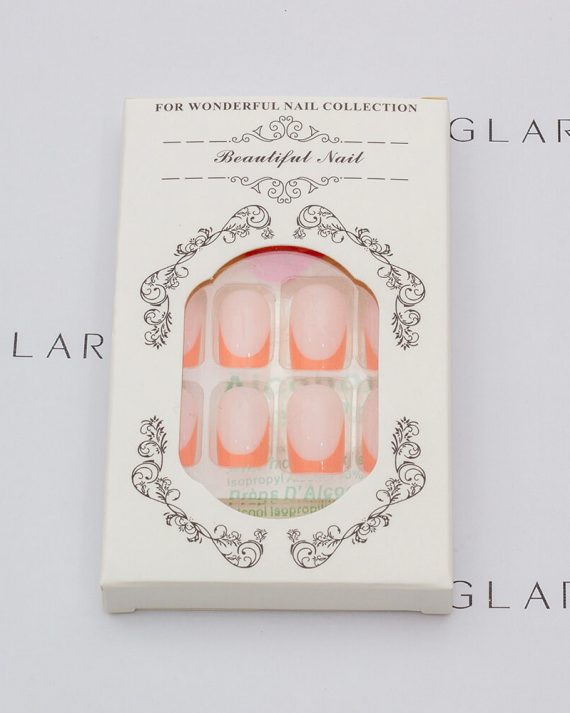 Eleglara Beauty packaging for orange french tip short square press-on nails, white box labeled "Beautiful Nail" with ornate gold detailing, displaying the 24-nail set with Jelly Gel tabs, alcohol prep pad, and nail file inside against a clean white backdrop.