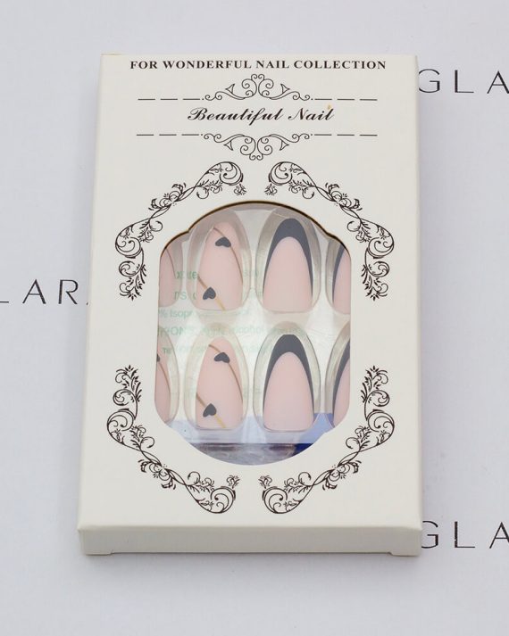 Eleglara Beauty packaging for pink black tip medium almond press-on nails with heart accents, white box labeled "FOR WONDERFUL NAIL COLLECTION" "Beautiful Nail" with ornate designs, showing the nail set in tray with pink backing against a clean white backdrop.