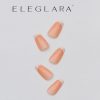 Five medium almond press-on nails with nude pink base and crisp white french tips, arranged neatly on a white background with the Eleglara logo, glossy finish highlighting the classic, elegant design.
