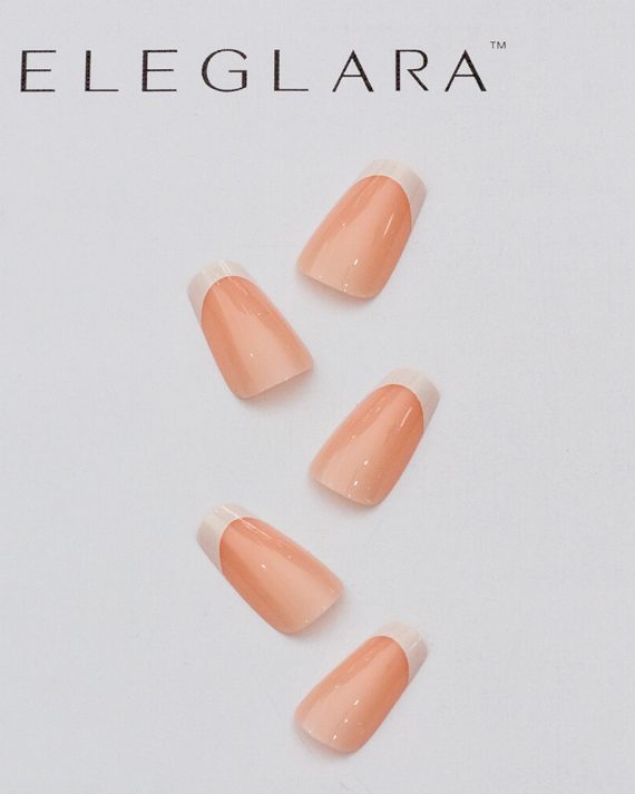 Five medium almond press-on nails with nude pink base and crisp white french tips, arranged neatly on a white background with the Eleglara logo, glossy finish highlighting the classic, elegant design.