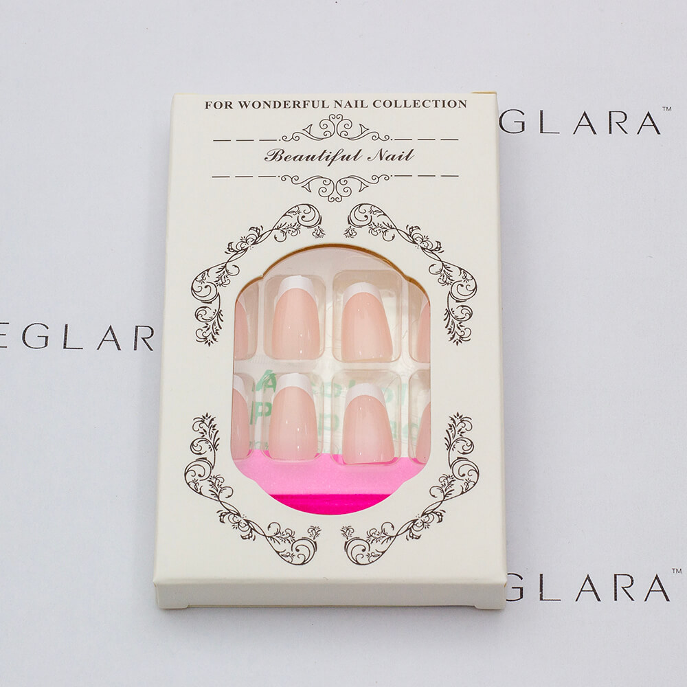 Eleglara Beauty packaging for nude pink french tip medium almond press-on nails, white box with ornate brown detailing labeled "Beautiful Nail," showing the nail set in tray with pink backing against a clean white backdrop.