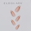 Five medium almond press-on nails with soft pink base, white french tips, and thin gold accent lines, arranged gracefully on a white background with the Eleglara logo, glossy finish showcasing the elegant, romantic design.