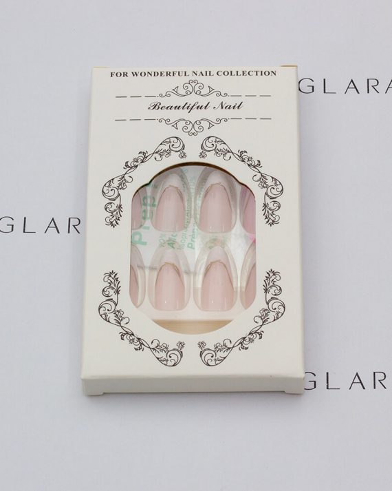 Eleglara Beauty packaging for soft pink french tip medium almond press on nails with gold accent, white box labeled "FOR WONDERFUL NAIL COLLECTION" and "Beautiful Nail" with ornate designs, revealing the nails inside against a clean white backdrop.
