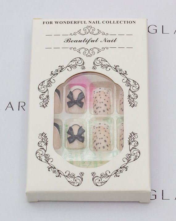 Eleglara Beauty packaging for nude black french tip short square press-on nails with polka dots and bows, white box labeled "FOR WONDERFUL NAIL COLLECTION" "Beautiful Nail" with ornate designs, showing the nail set in trays with pink backing against a clean white backdrop.