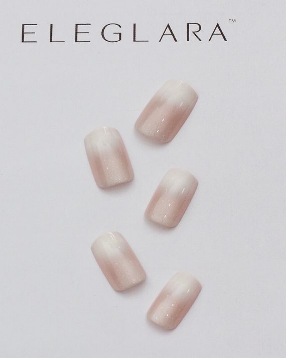 Five short square press-on nails with soft pink gradient and shimmering cat eye sparkle dots, arranged on a white background with the Eleglara logo, glossy finish capturing the glam, cute design.