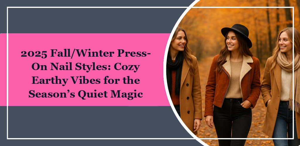 It's the featured image of eleglara's blog post: 2025 Fall/Winter Press-On Nail Styles: Cozy Earthy Vibes for the Season’s Quiet Magic. On the left, it's the blog title on pink background. On the right, it's a photo that 3 ladies walking in a park