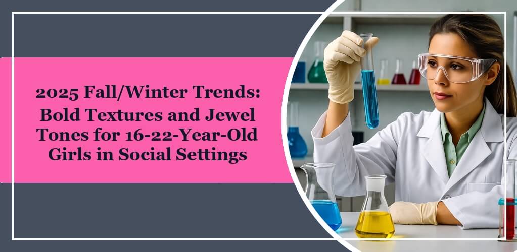 Featured image of eleglara's blog post: 2025 Fall/Winter Trends: Bold Textures and Jewel Tones for 16-22-Year-Old Girls in Social Settings. On the left it is the post title, on the right it is a girl doing some kind of chemical expriment in a lab. She is wearing white coat and holding a glass tube with rubber gloves.