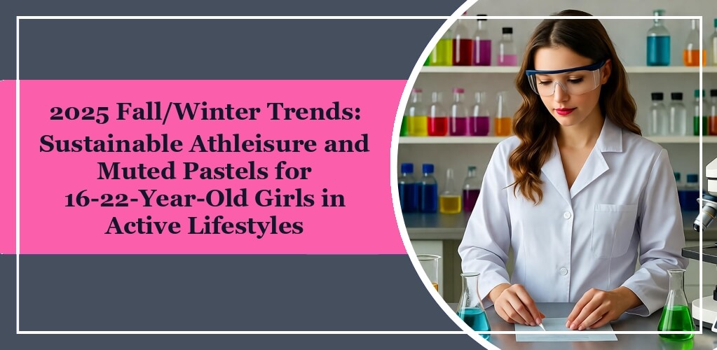 Featured image of eleglara's blog post: 2025 Fall/Winter Trends: Sustainable Athleisure and Muted Pastels for 16-22-Year-Old Girls in Active Lifestyles. On the left it is the post title. On the right is a woman in a chemistry lab wearing white coat and goggles.